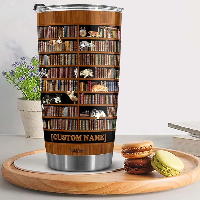BECHUSKY Personalized Cat Library Bookshelf Tumbler Cat Bookshelf Tumbler Cat Book Lover Tumbler Librarian Reading Book Bookish Gift For Friends Readers Bookworm Book Lovers On Christmas Anniversary