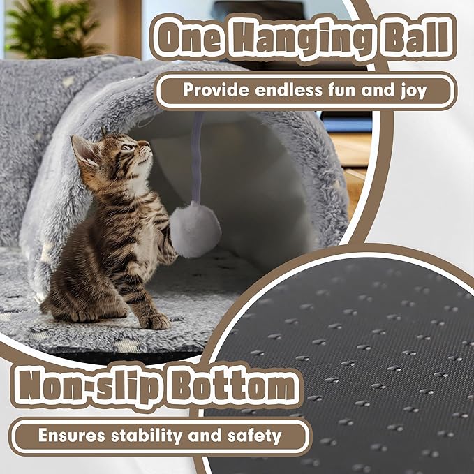 Kitten Tunnel Bed Mat, Glow in The Dark Kitten Bed for Indoor Kittens, Perfect Kitten Gift Toy with 3D Memory Foam, Detachable & Machine Washable, Non-Slip Bottom, Gray S