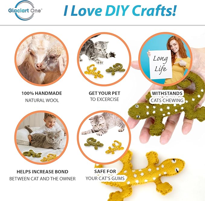 Glaciart One Felt Lizard Cat Toy – 2 Pcs | Soft Fuzzy Enrichment 100% Natural Wool Toy - Interactive Catnip Play Cat Toy Set - Safe for Pets, Non-AZO Colored Dyes