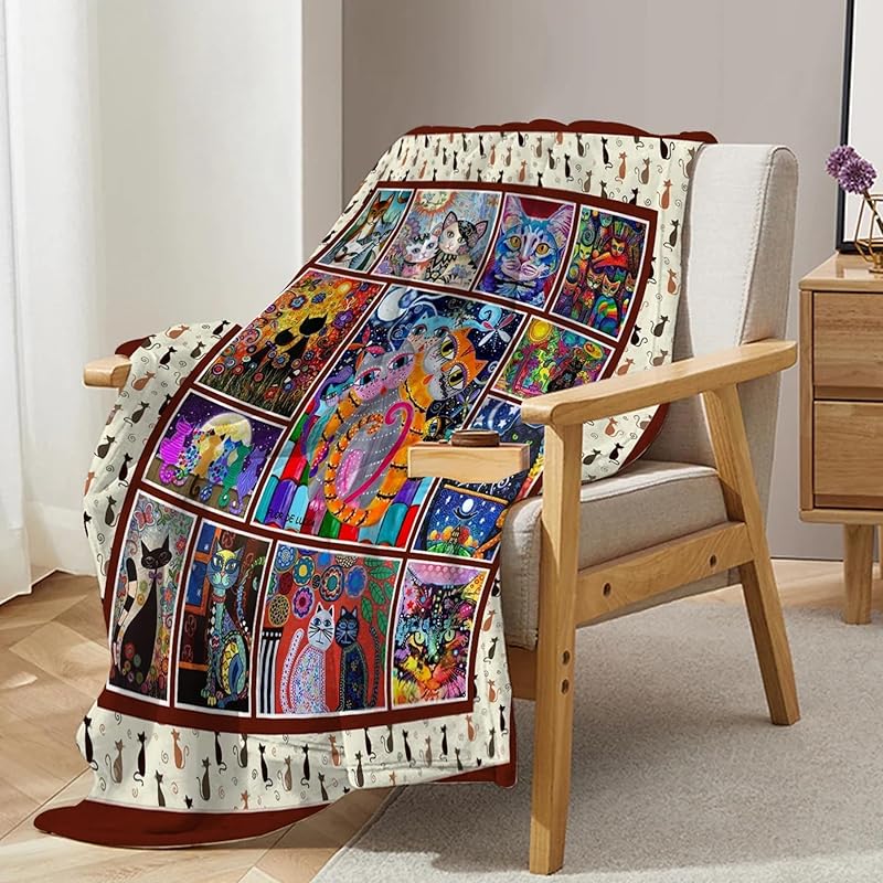 Throw Blanket - Colorful Cat Design Boho Blanket, Ultra Soft Rustic Quilt For Sofa, Couch, Bed, Bath Towels - Lightweight Bohemian Blankets - Cute Decorative Throw Coverlet (39x59 inch)