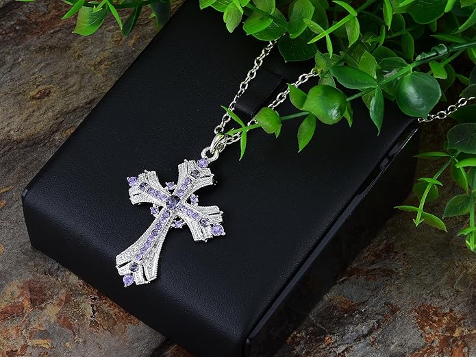 Alilang Silvery Tone Religious Cross Pendant Necklace w/Aquamarine Blue Or Clear Crystal Rhinestones