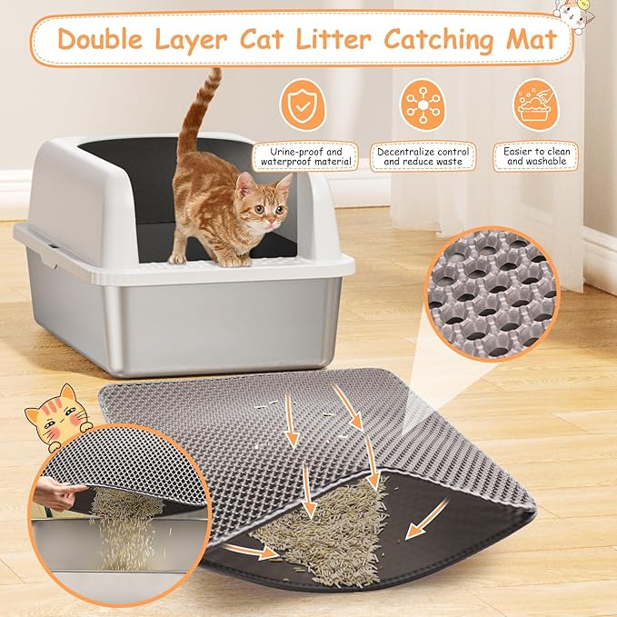 2 Pack Stainless Steel Cat Litter Box witn High Sides, Extra Large Litter Box with Lid, Metal Litter Box for Multiple Cats, Anti-Leakage,Non-Stick, Easy to Clean, Included Cat Litter Mat, Scoop