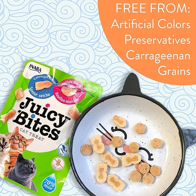 INABA Juicy Bites Grain-Free, Soft, Moist, Chewy Cat Treats with Vitamin E and Green Tea Extract, 0.4 Ounces per Pouch, 9 Pouches (3 per Pouch), Fish and Clam Flavor