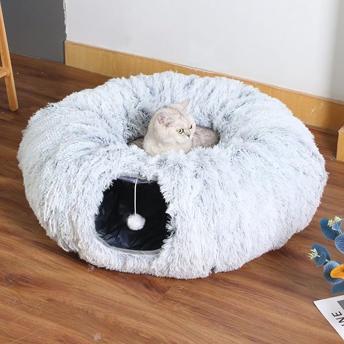 Cat Tunnel Bed Under Christmas Tree, Cat Tunnels for Indoor Cats, Collapsible Cat Donut Tunnel Cave for Medium & Large Cat, Ring Round Circular Cat Tunnel, Multiple Shape Combinations(O-S-X), Gray