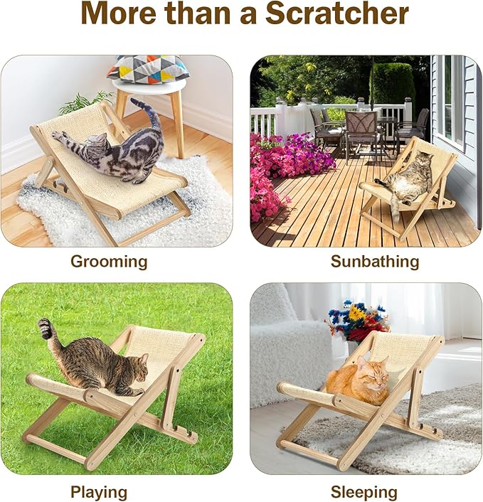Sisal Cat Chair No Assembly Required, 3-Gear Adjustable Cat Sisal Lounge Chair, Natural Wooden Cat Chair for Indoor Cats with Removable Cat Chair Blanket, Cat Beach Chair for Small Medium pet