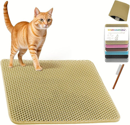 2025 𝗡𝗘𝗪 Waterproof Cat Litter Mat | Double Layer EVA, Odor-Free Large Grid | Urine Proof & Easy Cleanup | Soft on Paws | Versatile Design for Litter and Feeding (Khaki, 12×19)