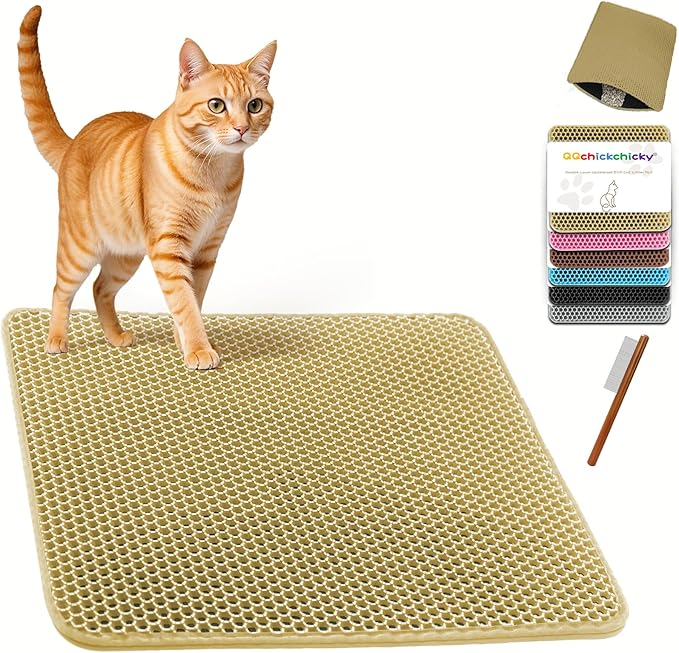 2025 𝗡𝗘𝗪 Waterproof Cat Litter Mat | Double Layer EVA, Odor-Free Large Grid | Urine Proof & Easy Cleanup | Soft on Paws | Versatile Design for Litter and Feeding (Khaki, 18×25)
