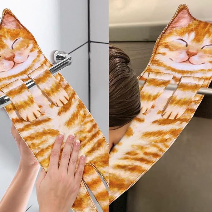 Funny Cat Hand Towels - Decorative Hanging Washcloths & Face Towels - Super Absorbent Soft - Mothers Day & Birthday Gifts for Women Cat Lovers - Orange
