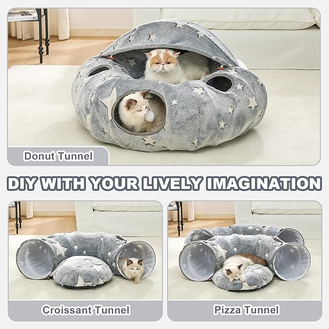 JIUPETY Cat Tunnel Bed with Soft Plush Mat, Collapsible Tube Playground, Cat Cave Bed Tunnel for Indoor Cats, Kitten, Rabbit, Ferret, Fluffy Plush Material, Includes Dangling Balls, Cave Grey A