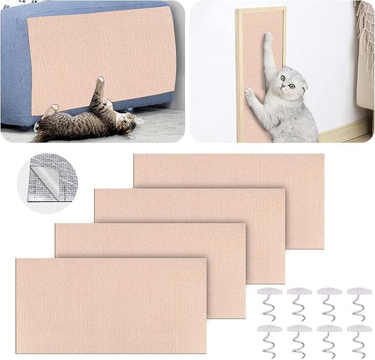 Mity rain 4PCS Cat Scratch Furniture Protector Mats 23.6“X11.8”Trimmable Self-Adhesive Cat Scratch Pads with 8PCS Furniture Nails Cat Couch Protector Mat for Pet Furniture DIY Beige