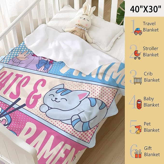 Just A Girl Kawaii Anime Cats and Ramen Flannel Blanket - Anime Lover Stuff, Luxurious Warm and Cozy XL 90x120 Inch Family Blanket