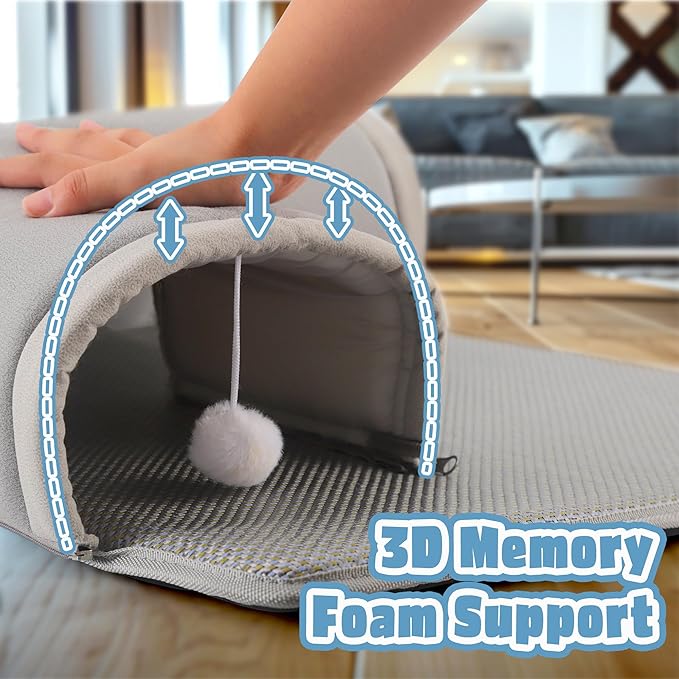 Cooling Kitten Tunnel Bed Mat, Perfect Kitten Gift Toy, 3D Memory Foam Cat Tunnel Cooling Mat, Detachable & Machine Washable, Non-Slip Bottom, Silver S