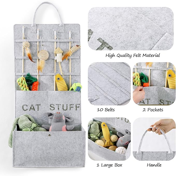 MABOZOO Cat Toy Storage Organizer for Wand Toys,Durable Pet Storage Box with Handle Cat Feather Toy Storage Hanging Bag for Neatly Organizing Teaser Wand Toys（Light Grey）