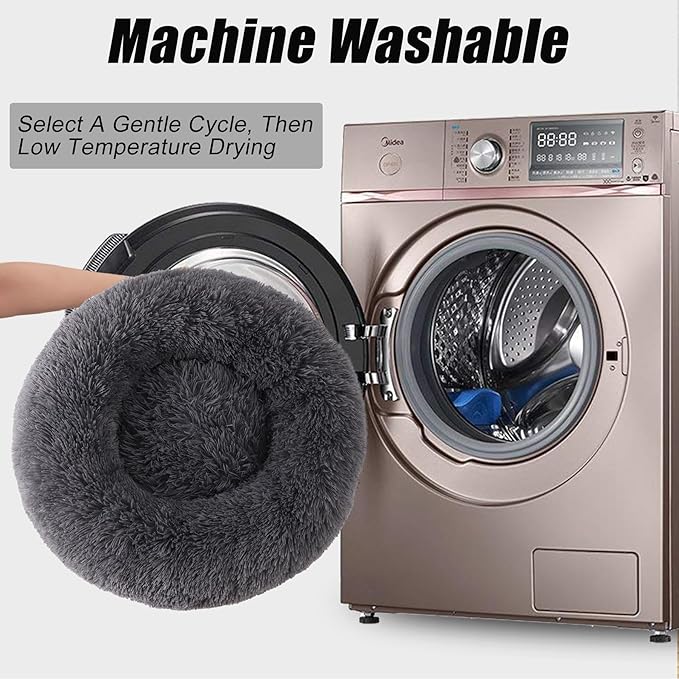 Calming Dog Bed, Dog Beds Fits up to 40 lbs Pets, Fluffy Donut Dog & Cat Bed Washable, Round Anti Anxiety Dog Bed, Small Dog Bed with Non-Slip Bottom (Dark Grey, 28" x 28")