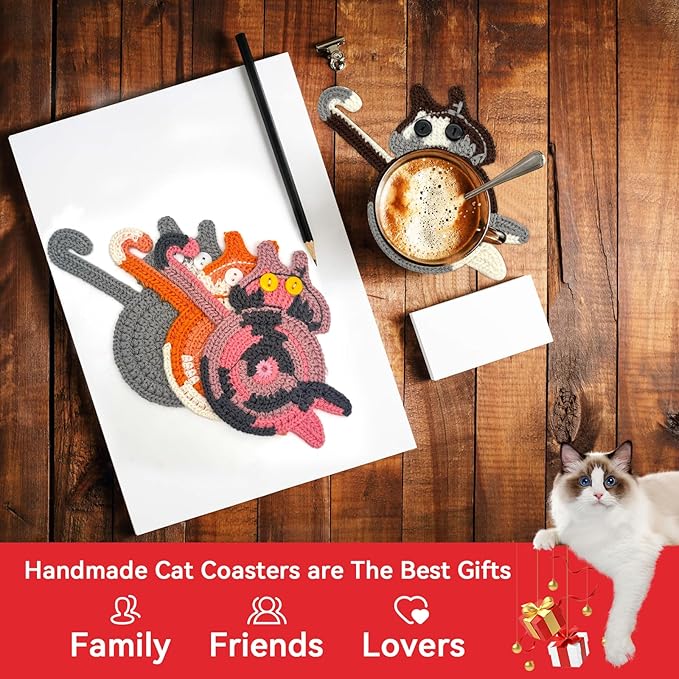 8 Pcs Coasters for Drinks, Boho Style Coaster, Cotton Woven Creative Cute Cat Coaster, Funny Coasters for Bar, Table Protection Suitable, Housewarming Gifts New Home
