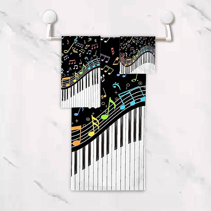 Gaming 3 Piece Towel Bathroom Sets, 1 Bath Towel, 1 Washcloth, 1 Hand Towel, Cotton Fast Dry Soft Absorbent Towel Set for Home Kitchen Family (Music Note Piano)