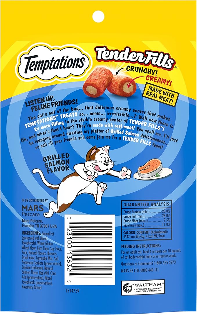 Temptations Tender Fills Grilled Salmon Flavor Crunchy and Soft Adult Cat Treats, 2.1 oz. Pouch (Pack of 12)