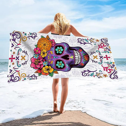 Bonsai Tree Sugar Skull Beach Towel, Purple Microfiber Bath Towel for Women, Sand Free Quick Dry Travel Towels Sugarskull for Women Yoga Sports Adults 30" X 60"