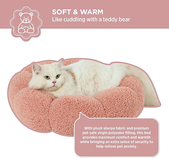 Lesure Calming Cat Beds for Indoor Cats - Cute Flower Pet Beds in Teddy Sherpa Plush, Donut Round Fluffy Puppy Bed, Non-Slip Extra Small Dog Bed Fits up to 15 lbs, Machine Washable, Pink 20"