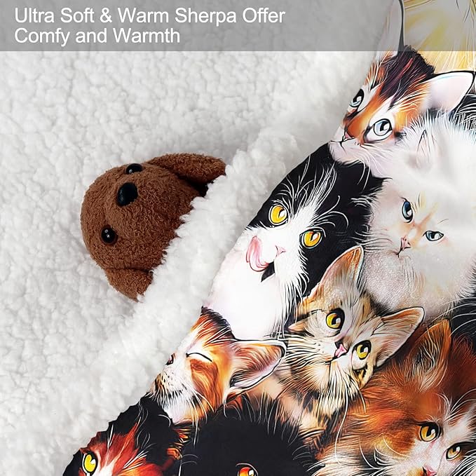 Cats Sherpa Blanket, Cute Kittens Fleece Throw Blankets for Couch Sofa Bed, Super Soft Warm and Lightweight, 60" x 80"