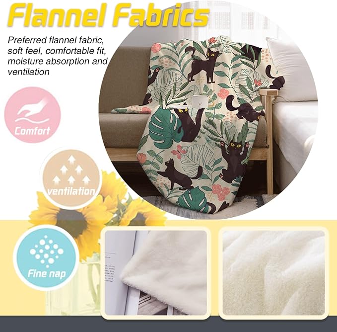 Floral Cat Throw Blanket - Super Soft Cozy Black for Kids, Adults, Women, Men - Best for Cat Lovers, Moms - Cute Pet Decor for Couch, Bed, Sofa, Dorm, Home (80"x60")