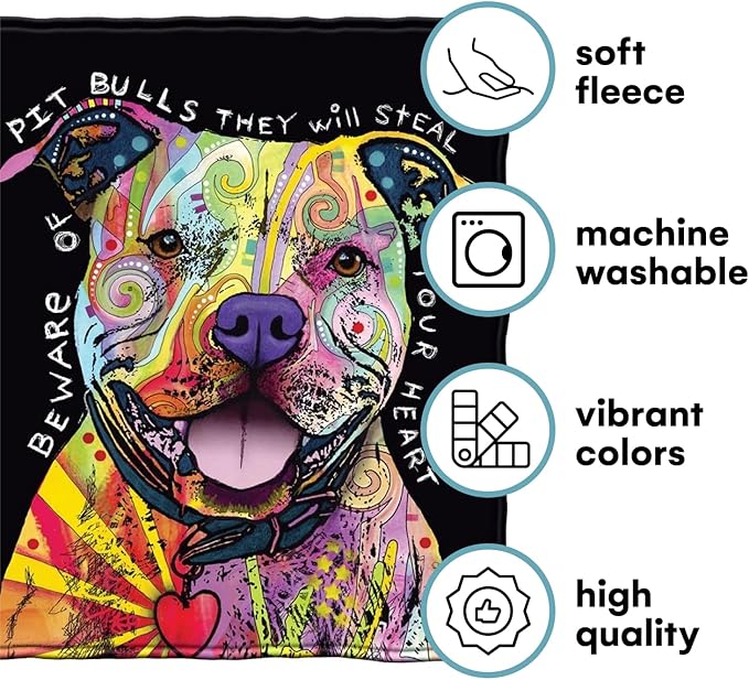Dawhud Direct 75x90-Inch Pit Bull Fleece Blanket - Dean Russo Pitbull Throw Blanket for Adults and Kids - Soft and Cozy for Bed, Couch, or Travel - Thoughtful Gifts for Women and Dog Lovers