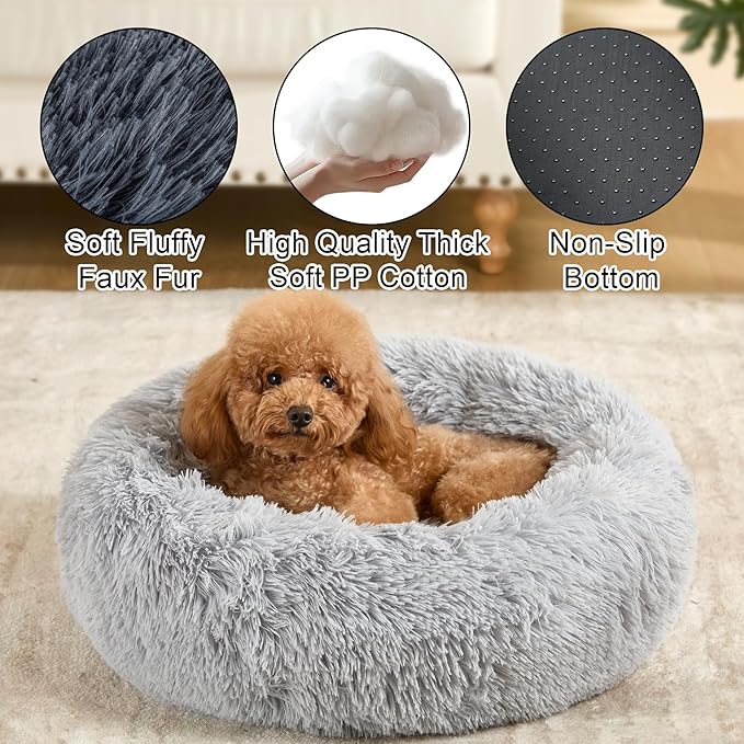 Dog Bed Calming Dog Beds for Small Medium Dogs - Round Donut Washable Dog Bed, Anti-Slip Faux Fur Fluffy Donut Cuddler Anxiety Cat Bed(Light Grey 32")