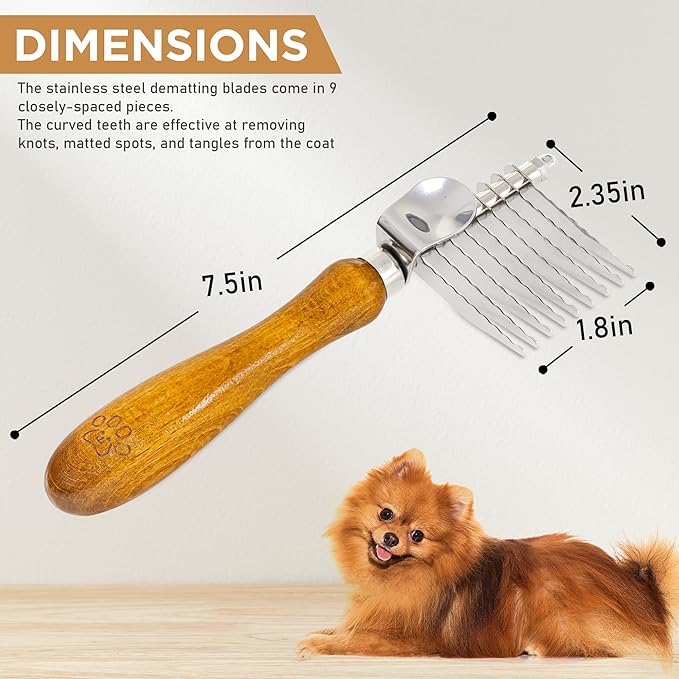 TAKAVU Dematting Fur Rake Comb Brush for Dogs and Cats, Safety Steel Blades Detangling Pet Brush, Undercoat Grooming Brush Cutting and Removing Dead Matted Knotted Hair for Doodles Poodles Terrier