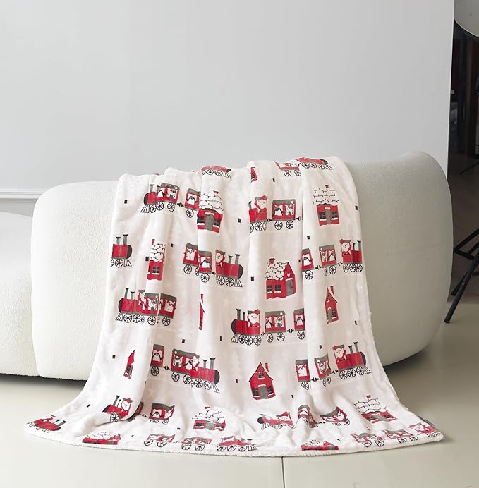 Elegant Comfort Reversible and Ultra-Plush Flannel Fleece-Winter Christmas Sherpa Throw- Lightweight Soft and Cozy-Holiday Decorative Throw, Perfect for Lounging, 50 x 60 inches, Santa Train