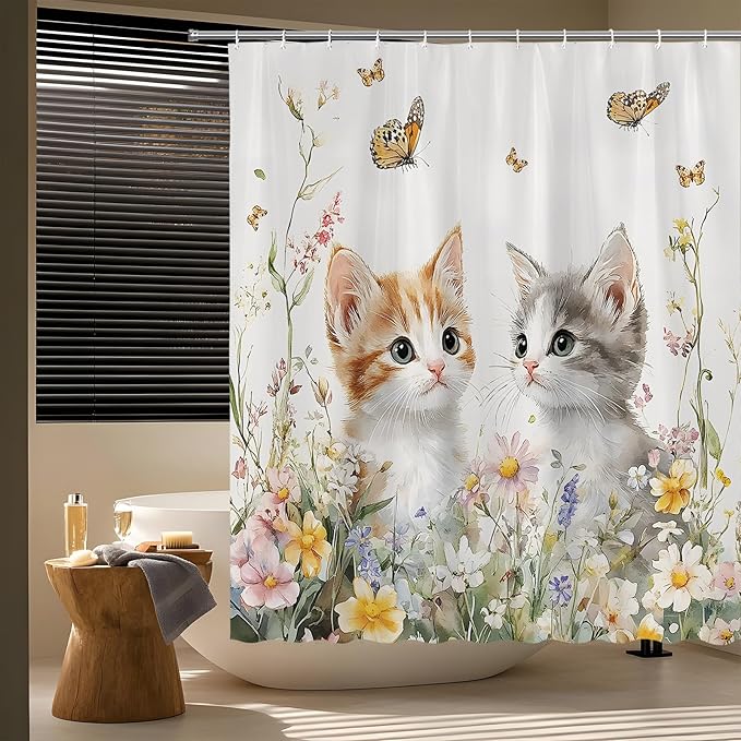 Butterfly and Kitten Floral Shower Curtain Cute Cat Spring Farmhouse Rustic Farm Animal Garden Cats Pet Lover Wildflower Bathroom Curtains Set Polyester Fabric with Hooks 70" W x 70" L