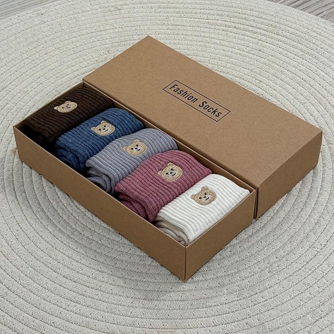5 Pairs Women's Cute Bear Ankle Socks With Animal Embroidery - Gifts for Women