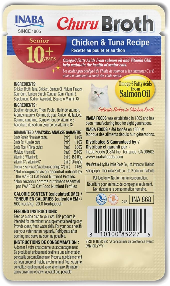 INABA Churu Broth for Cats Senior 10+, Chicken Broth with Shredded Chicken Side Dish Pouch, 1.4 Ounces per Pouch, 12 Pouches Total, Chicken & Tuna Recipe