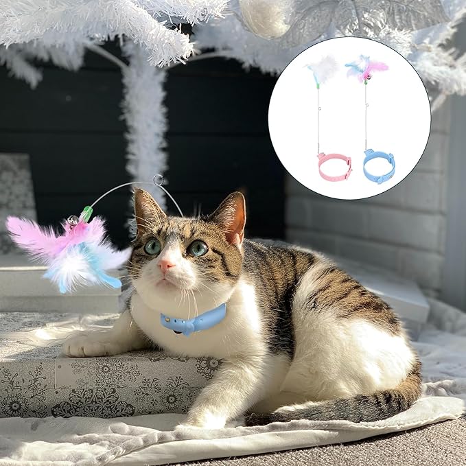 2pcs Cat Collar Toys, Silicone Feather Cat Teasing Wands with Neck Collar Adjustable Cat Wand Toys with Bell Cat Interactive Teaser Toys for Indoor Cat Playing Training