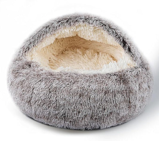 Cat Bed Calming Cat Beds,Indoor Washable Cat Bed，Anti-Slip Faux Fur Fluffy Cuddler Anxiety Cat Bed,Warming Cuddler Cushion Bed for Small Medium Dogs and Cats (Khaki, 24 * 24inch)