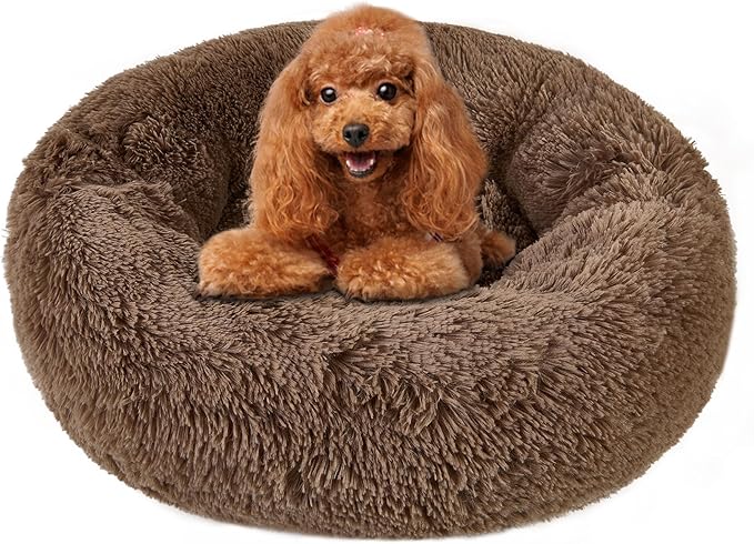 Calming Round Cute Cat & Dog Bed, Anti-Slip Washable Cozy Soft Round Pet Bed, Fluffy Faux Fur Plush Dog Cuddler Bed Fits up to 5 lbs Dogs and Cats(Donut Khaki, 16inch x 16inch)