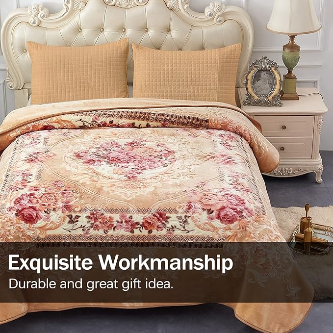JML King Size Fleece Blanket, Korean Mink - 85 X 95 Inches, 9 Lbs, Soft and Warm, Thick Raschel Printed Mink Blanket for Autumn, Winter, Bed, Home (Printed - Khaki Floral)
