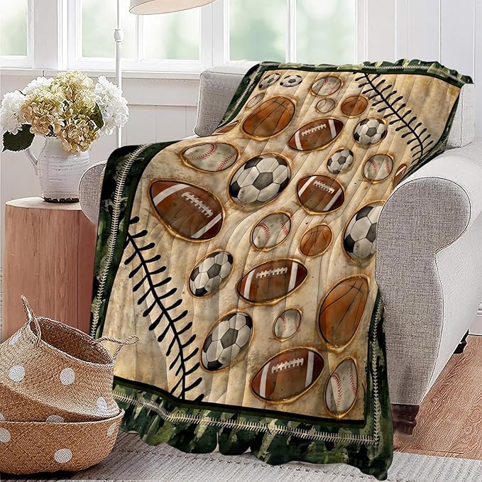 Vintage Sports Soccer Blanket Ultra Soft Cozy Plush Baseball Basketball Football Throw Blanket Sport Ball Fans Lovers Gifts Kids Adults Lightweight Flannel Comfy Blankets for Couch Sofa Bed 80"x60"