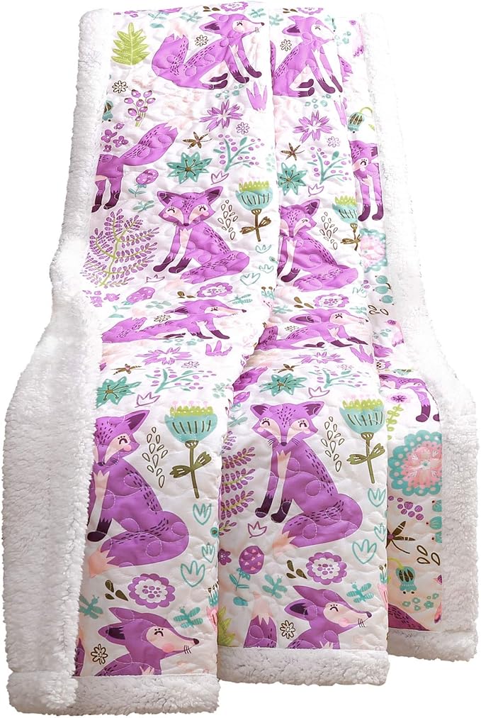 Lush Decor Pixie Fox Reversible Sherpa Throw Blanket, 50” W x 60"L, Purple & Pink - Quilted Toddler Blankets For Girls - Colorful Floral Print- Soft & Fluffy Kids Blanket For Bed, Couch Or Chair