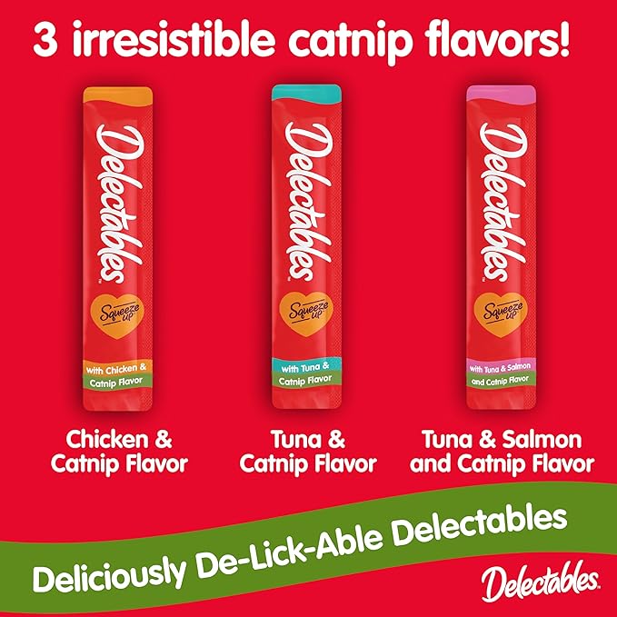 Delectables Squeeze Up Creamy Squeezable Puree, Lickable Wet Cat Treats, Grain Free, No Added Fillers, No By-Products, No Added Preservatives, 0.5 Ounces Tube Chicken with Catnip, 32 Tubes Total