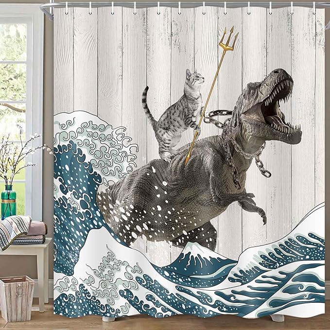 Boziqr Funny Cat Shower Curtain, Cool Cat Dinosaur Japanese Ocean Wave Decor Fabric Bathroom Curtains, Kids Children Rustic Wooden Farmhouse Shower Curtain, 70 X 78 Inches