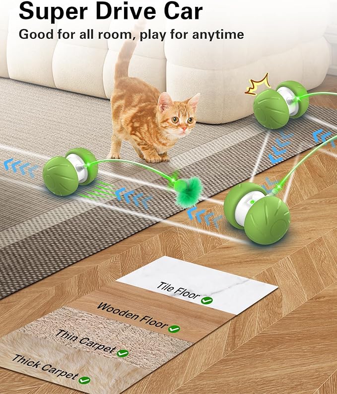 Interactive Cat Toys for Indoor Cats, Motion Activated Cat Toys, Automatic Cat Toy with Extra Long Feather Wand, Cat Mouse Toys, USB Rechargeable (Green)