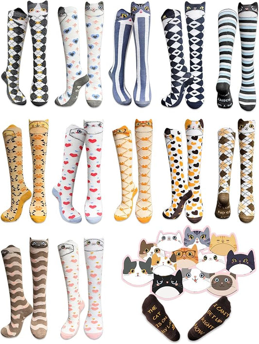 12 Pairs Cute Cat Knee High Socks for Women Cat Socks Women Knee High Socks Novelty Gifts For Women Teenage Girls Girlfriend Animal Lovers