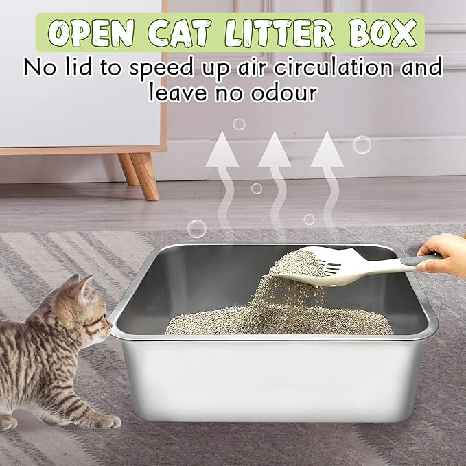 BNOSDM Stainless Steel Litter Box Medium Metal Cat Litter Boxes Odor Control Non Stick Pet Toilet Pan with Non-Slip Feet Mats and Litter Scoop for Cats Kittens Rabbits (17.7x13.8x6 Inches)