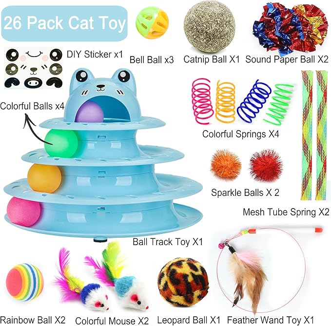 Suhaco 26 Pack Cat Toys Interactive for Indoor Cats Kitten Toy Fun Roller 4 Level Cat Teaser Ball Toys with 4 Colorful Balls Cat Feather Wand Kitty Toy Set for Boredom (Blue)