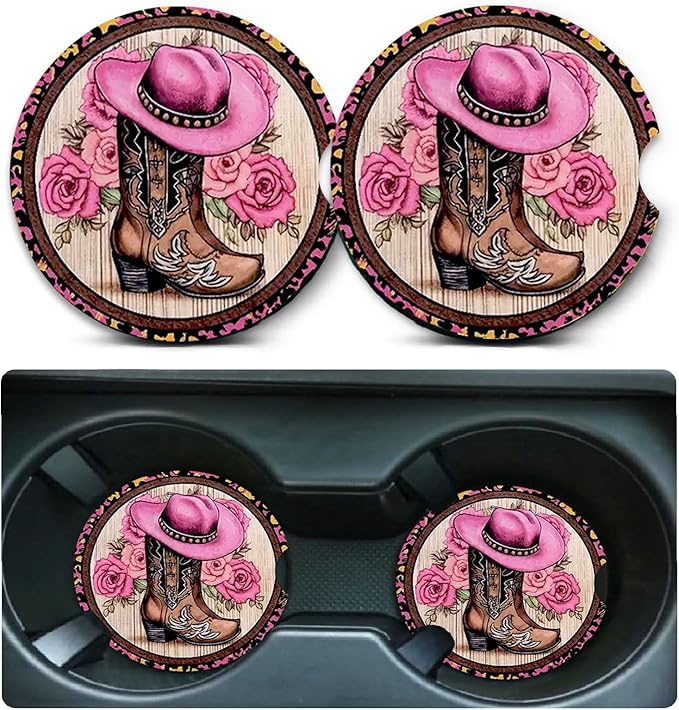 Car Coasters for Cup Holders,2 Pack Western Cowboy Hat Boots Car Coasters,2.75" Universal Size Anti Slip Rubber Mat,Automotive Cup Holder Decal Decor Accessories,Gifts for Women,Men,Mom