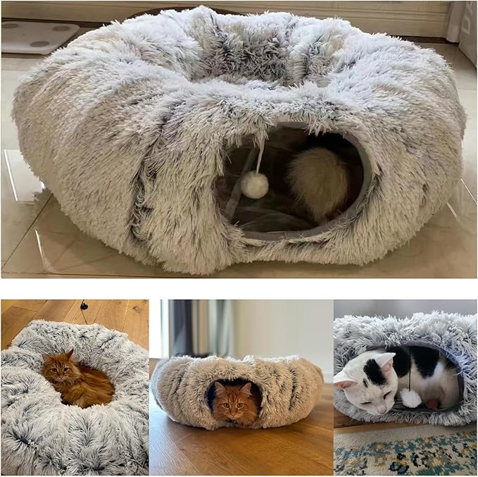 Cat Tunnel Bed for Indoor Cats Multifunctional Large Cat Tunnel 3 in 1 Cat Tubes and Tunnels Peekaboo Cat Cave Fluffy Donut-Shape Pet Play Tunnel for Multiple Cats Kitten Small Puppies (Grey)