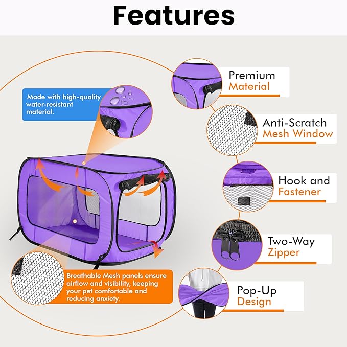 Beatrice Home Fashions Portable, Collapsible, Pop Up Kennel Travel Cat and Dog Crate, 32.5" L x 19.5" W x 19.5" H, Purple