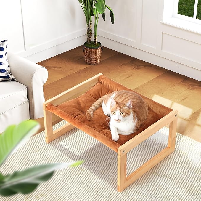 FUKUMARU Cat Bed, Plush Velvet Cat Beds for Indoor Cats, Wooden Cat Hammock, 21 x 16.5 Inch Cat Couch, Suitable for Cats, Dog, Bunny, Rabbit, Kitten and Small Animal, Brown