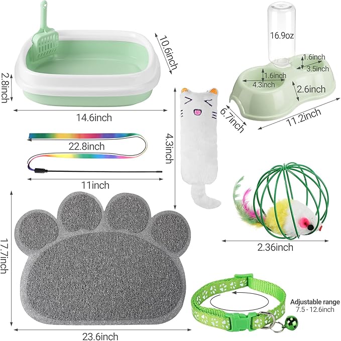 7 Pcs Small Cat Kitten Starter Kit Cat Litter Box with Shovel Cat Paw Litter Mat Double Automatic Cat Bowls Cat Toy Teaser Stick Cat Collar Essentials Kits for 1-3 Lbs Beginner (Fresh Green,Stylish)