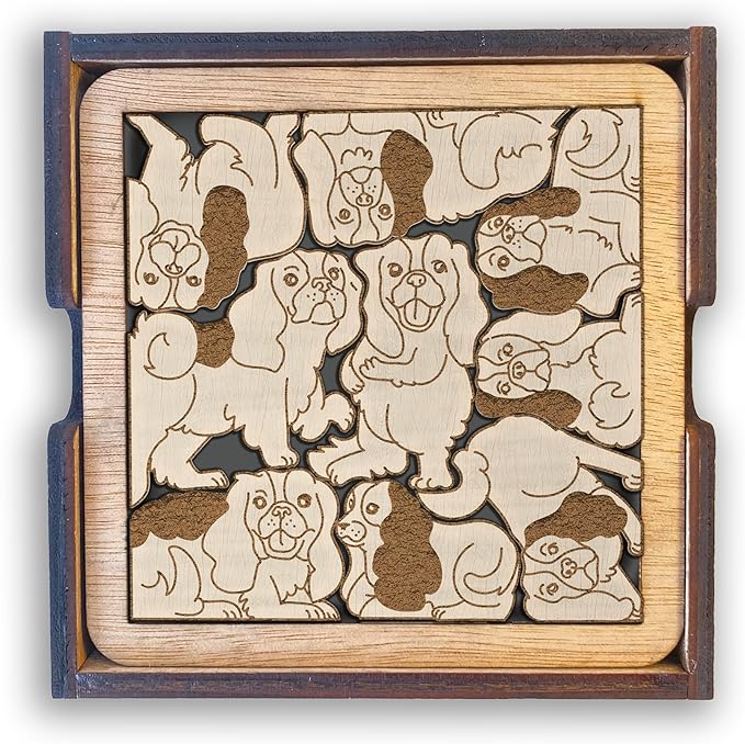 02 Cavalier King Charles Spaniel Dog Coaster - Cavalier Dog Puzzle Wooden Coaster Set - Interlocking Jigsaw Drink Mats with Laser-Cut Design for King Dog Lovers